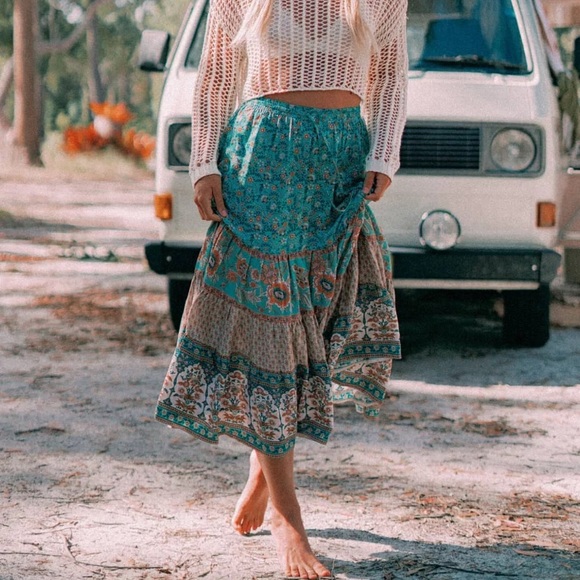 SOLD OUT Turquoise Bohemian Floral Long Casual Skirt - Picture 4 of 6